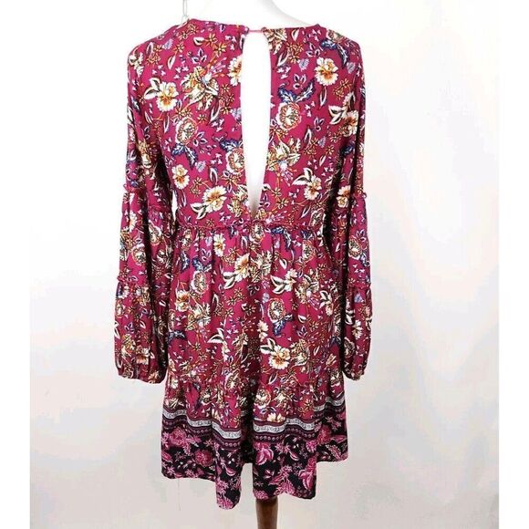 Altar'd State Magenta Floral Puff Sleeve Open Back Tie Front Peasant Dress S - Picture 4 of 7